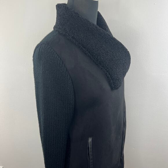BlankNYC Black Knit Shawl Collar Faux Suede Asymmetric Swewater Jacket M Medium - Picture 4 of 9